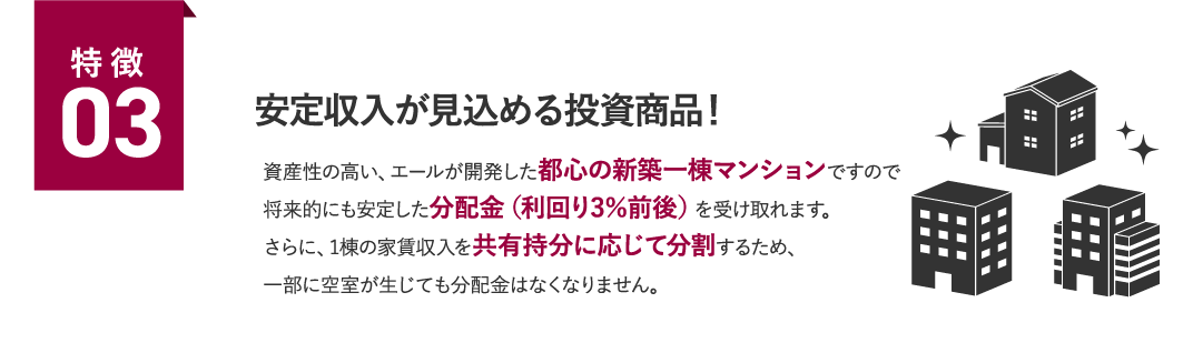 特徴03 安定収入が見込める投資商品！ 資産性の高い、エールが開発した都心の新築一棟マンションですので将来的にも安定した分配金（利回り3％前後）を受け取れます。さらに、1棟の家賃収入を共有持分に応じて分割するため、一部に空室が生じても分配金はなくなりません。