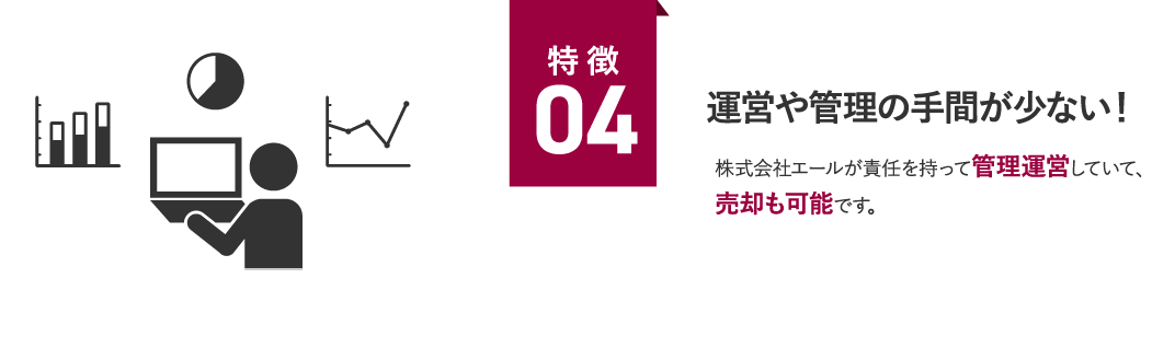 特徴04 運営や管理の手間が少ない！ 株式会社エールが責任を持って管理運営していて、売却も可能です。