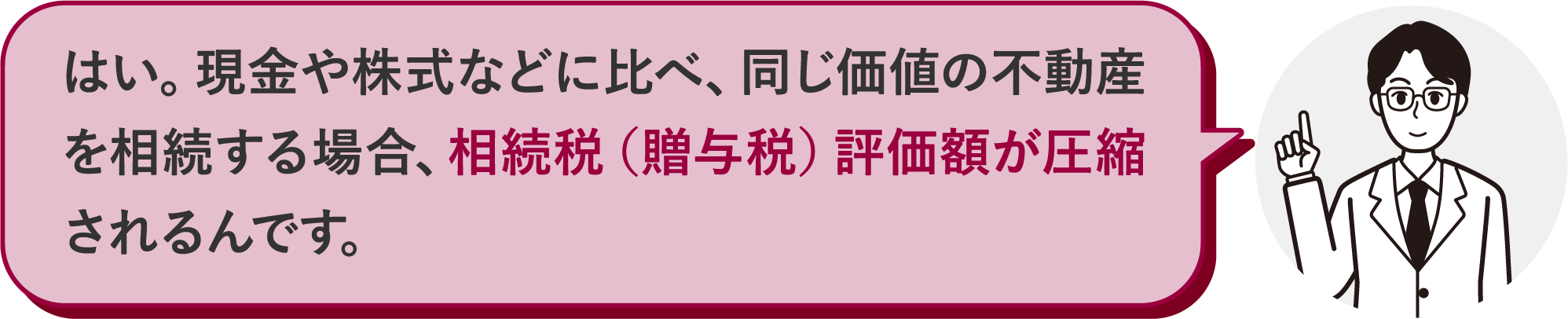 はい。現金や株式などに比べ、同じ価値の不動産を相続する場合、相続税（贈与税）評価額が圧縮されるんです。